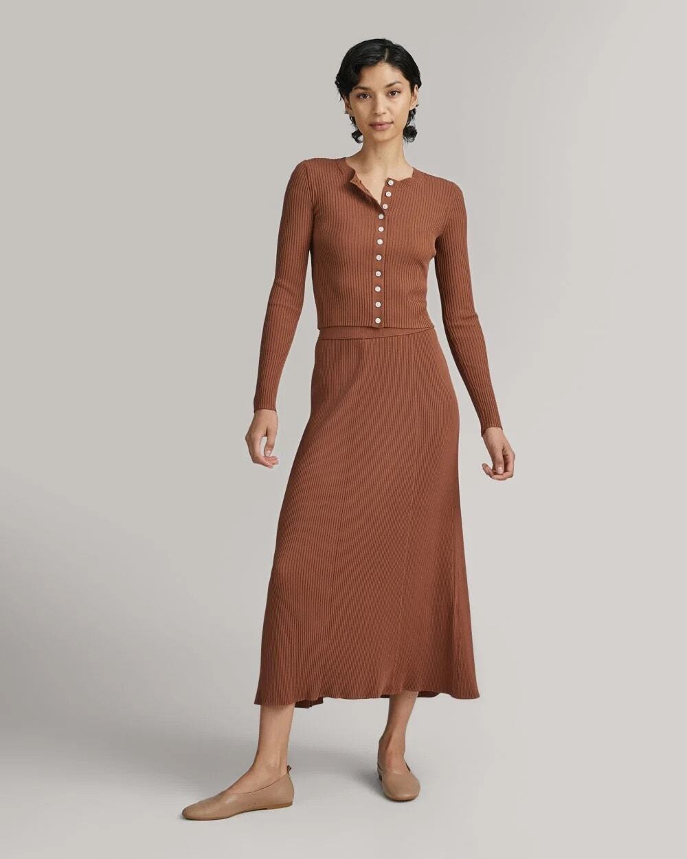 Everlane Brown Ribbed Knit Cardigan Skirt Set Quiet Luxury Soft Girl Caramel